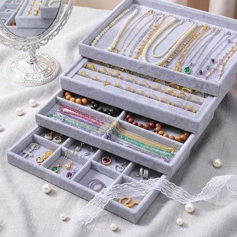 Tondiamo 8-in-1 Stackable Jewelry Organizer Tray Set for Drawers Grey Velvet Jewelry Drawer Inserts Container Display Case Storage Display Trays for Earring Necklace Rings Bracelet Sunglasses in Saudi Arabia