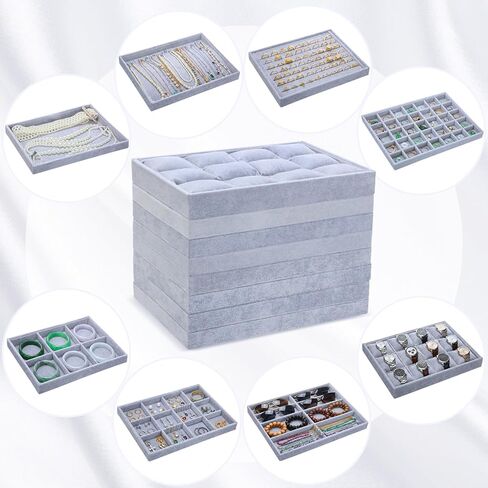 Tondiamo 8-in-1 Stackable Jewelry Organizer Tray Set for Drawers Grey Velvet Jewelry Drawer Inserts Container Display Case Storage Display Trays for Earring Necklace Rings Bracelet Sunglasses in Saudi Arabia