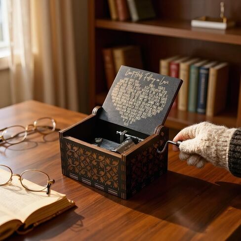 صندوق الموسيقى الخشبي المنقوش بكرنك اليد | صندوق موسيقي على الطراز العتيق مع لحن رومانسي، هدية مثالية لعيد الحب والذكرى السنوية وأعياد الميلاد للزوجة أو الزوج أو الشريك. in Kuwait