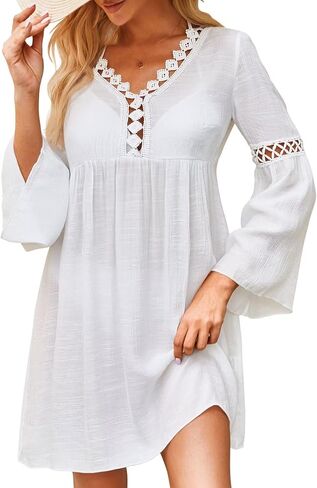 Swimsuit Coverup for Women Long Bell Sleeve Contrast Lace Bathing Suit Cover Up for Swimwear Bikini V Neck Loose in Saudi Arabia