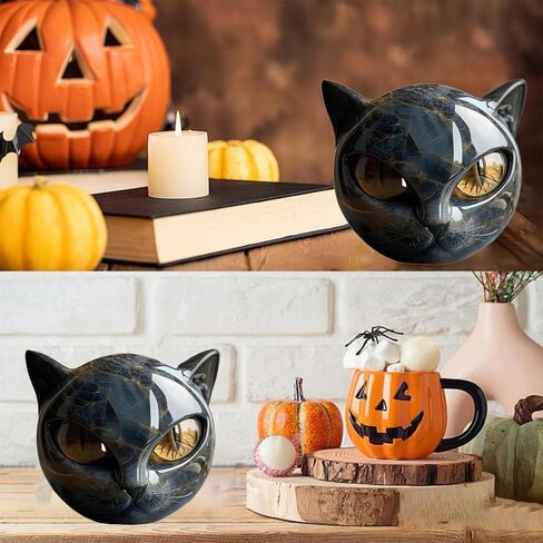 Black Cat Stone Sculpture Figurine Handcrafted Look Resin Statue with Amber Eyes, Elegant Shelf Decor for Home or Office (Yellow) in Saudi Arabia