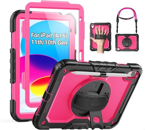SEYMAC Case for iPad 10th Generation Case 10.9 Inch 2022, Sturdy Heavy Duty Full-Body Shockproof Protective Case with Screen Protector, Rotating Stand, Hand/Shoulder Strap for iPad 10th Gen, Black in Kuwait