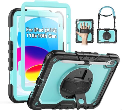 SEYMAC Case for iPad (A16) 11th/10th Generation (11″/10.9″), Black | Heavy Duty Shockproof Protective, Built-in Screen Protector, 360° Rotating Stand, Hand/Shoulder Strap in Kuwait