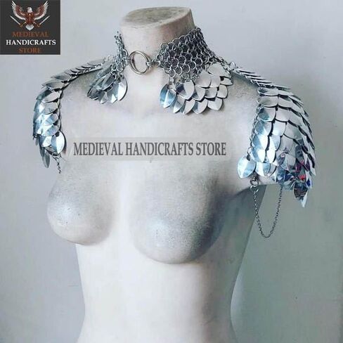 متجر الحرف اليدوية في العصور الوسطى درع يمكن ارتداؤه على نطاق البريد سلسلة البريد الكتف Pauldrons - مثالية لأزياء الهالوين التأثيرية فضية in Kuwait