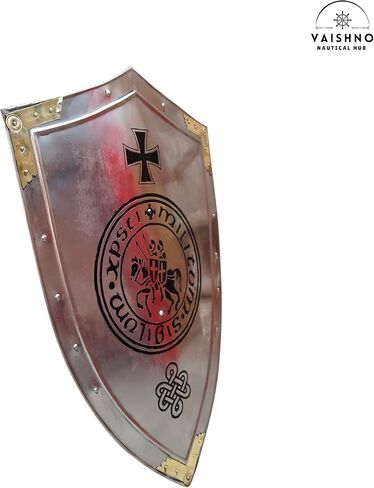 Templar Crusader Cross Shield - نسخة طبق الأصل من درع فارس العصور الوسطى للعرض - ديكور حائط فولاذي مصنوع يدويًا - درع الحروب الصليبية القوطية للكوسبلاي وهواة الجمع والعرض المنزلي in Kuwait