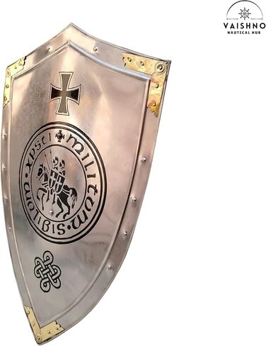 Templar Crusader Cross Shield - نسخة طبق الأصل من درع فارس العصور الوسطى للعرض - ديكور حائط فولاذي مصنوع يدويًا - درع الحروب الصليبية القوطية للكوسبلاي وهواة الجمع والعرض المنزلي in Kuwait