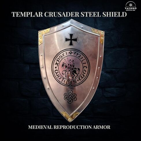 Templar Crusader Cross Shield - نسخة طبق الأصل من درع فارس العصور الوسطى للعرض - ديكور حائط فولاذي مصنوع يدويًا - درع الحروب الصليبية القوطية للكوسبلاي وهواة الجمع والعرض المنزلي in Kuwait