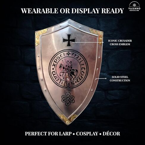 Templar Crusader Cross Shield - نسخة طبق الأصل من درع فارس العصور الوسطى للعرض - ديكور حائط فولاذي مصنوع يدويًا - درع الحروب الصليبية القوطية للكوسبلاي وهواة الجمع والعرض المنزلي in Kuwait