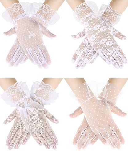 Bencailor 4 Pair Ladies Lace Gloves Elegant Short Gloves Mesh Tea Party Mittens for Women 50s Tea Party Wedding Costume(Novel) in Kuwait