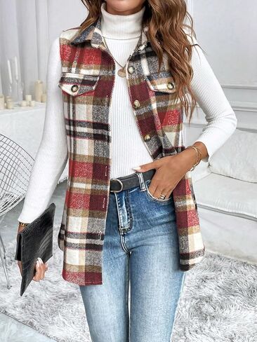 Womens Fall Plaid Vest Button Down Sleeveless Shirt Jacket in Saudi Arabia