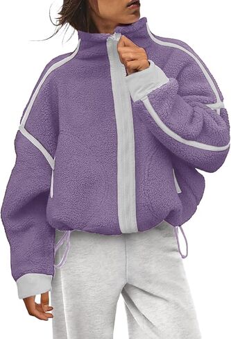 Women's Fleece Jacket Zipper Stand Collar Casual Oversized Coats with Pockets in Saudi Arabia