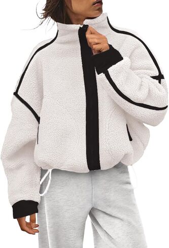 Women's Fleece Jacket Zipper Stand Collar Casual Oversized Coats with Pockets in Saudi Arabia