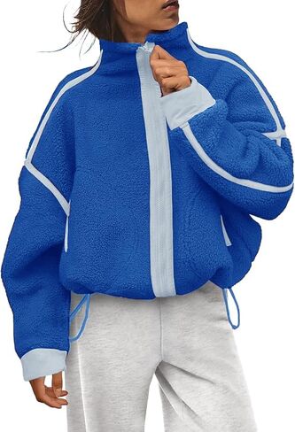 Women's Fleece Jacket Zipper Stand Collar Casual Oversized Coats with Pockets in Saudi Arabia