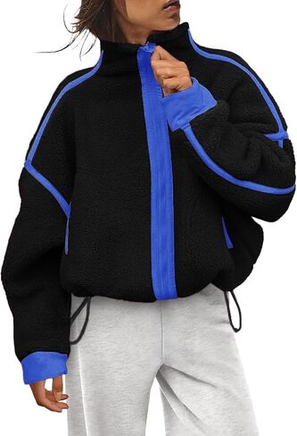 Women's Fleece Jacket Zipper Stand Collar Casual Oversized Coats with Pockets in Saudi Arabia