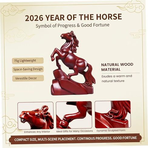 Wooden Horse Figurine, Red Horse Statue Feng Shui Decor, 2026 Chinese New Year Zodiac Animal Sculpture Desk Ornament for Wealth and Good Luck in Saudi Arabia