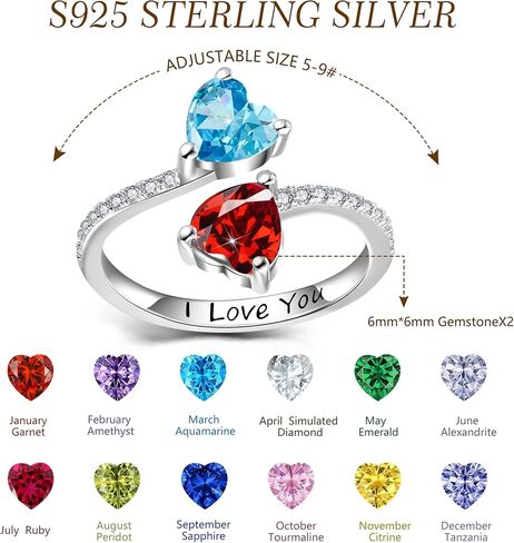 Toi et Moi Rings For Women, Sterling S925 Silver 2 Two Double Love Heart Birthstone Rings For Wife, Personalized Rings Mother Daughter Ring Sisters Ring Couple Ring Engagement Ring in Saudi Arabia