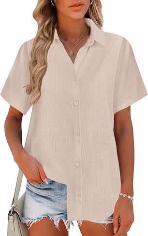 Zeagoo Women Linen Button Down Shirts Short Sleeve Blouse Business Casual Tops Dressy Summer Outfits in Saudi Arabia