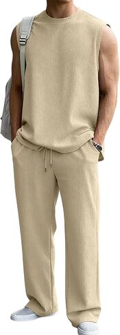 JMIERR رجل 2 قطعة ضلع متماسكة Sweatsuit الصيف أكمام تانك الأعلى فضفاض واسعة الساق السراويل مجموعة عطلة الشاطئ الزي للرجال in Saudi Arabia