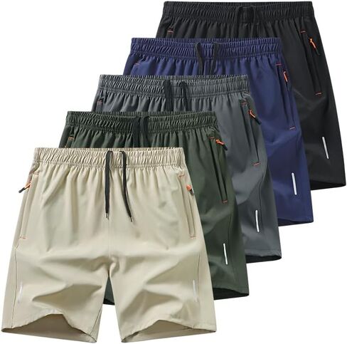 Men's Athletic Shorts with Zipper Pockets, Quick Dry Breathable Summer Capri Pants, Reflective Design, 5 Pack in Saudi Arabia
