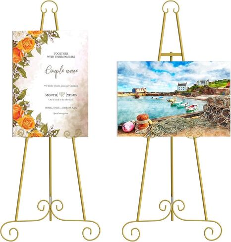 46" H Metal Round Tube Scroll Display Easel, Vintage Gold Decorative Large Adjustable Floor Standing Easel with Chain Support, Perfect for Showcasing Pictures, Artwork, Picture Frame Wedding Sign Etc in Kuwait
