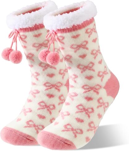 Bonuci Pink Bow Fuzzy Slipper Socks for Women Winter Warm Fluffy Cozy Grips Cabin Slipper Soft Thick Fleece Plush Socks for Valentine's Day in Saudi Arabia