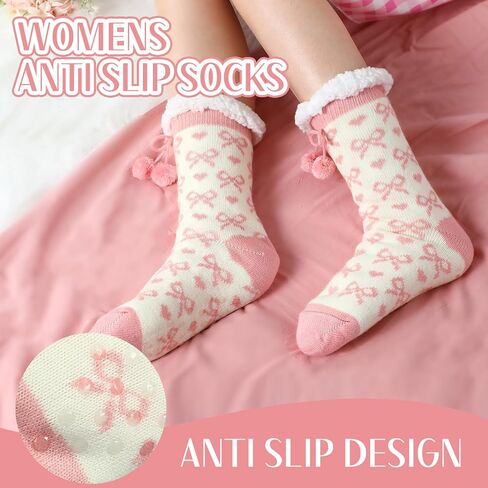 Bonuci Pink Bow Fuzzy Slipper Socks for Women Winter Warm Fluffy Cozy Grips Cabin Slipper Soft Thick Fleece Plush Socks for Valentine's Day in Saudi Arabia