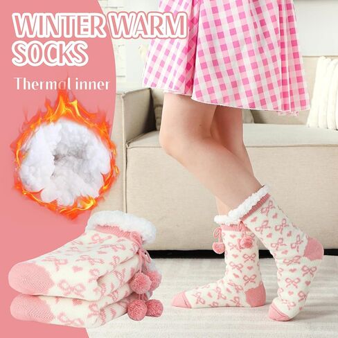 Bonuci Pink Bow Fuzzy Slipper Socks for Women Winter Warm Fluffy Cozy Grips Cabin Slipper Soft Thick Fleece Plush Socks for Valentine's Day in Saudi Arabia