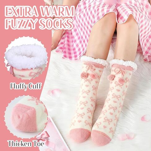 Bonuci Pink Bow Fuzzy Slipper Socks for Women Winter Warm Fluffy Cozy Grips Cabin Slipper Soft Thick Fleece Plush Socks for Valentine's Day in Saudi Arabia