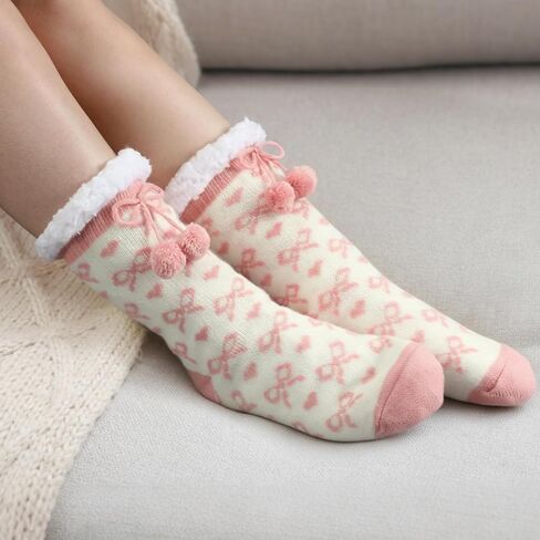 Bonuci Pink Bow Fuzzy Slipper Socks for Women Winter Warm Fluffy Cozy Grips Cabin Slipper Soft Thick Fleece Plush Socks for Valentine's Day in Saudi Arabia