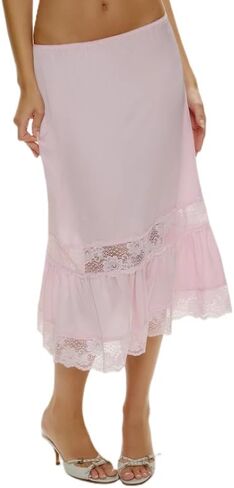 Women Silk Satin Half Slip Long Skirts Lace Patchwork Elastic Waist Long Skirt Elegant Silky Flowy A Line Midi Skirts in Kuwait