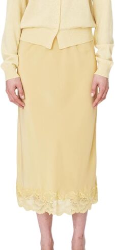 النساء الحرير الساتان نصف زلة التنانير الطويلة الدانتيل المرقعة مرونة الخصر تنورة طويلة أنيقة حريري Flowy ألف خط ميدي التنانير in Saudi Arabia