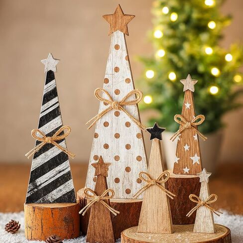 6 قطع ديكور طاولة عيد الميلاد - أشجار عيد الميلاد الخشبية ديكور منزلي داخلي - قطع مركزية لمنزل المزرعة الريفية مع شجرة عيد الميلاد - لافتات خشبية عتيقة لديكور صينية متدرجة وهدايا العطلات in Kuwait