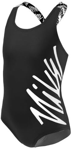 قطعة واحدة بشعار Nike Swim Girls' Script Crossback، أسود، X-Small in Kuwait