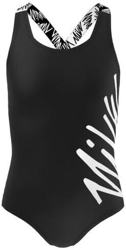 قطعة واحدة بشعار Nike Swim Girls' Script Crossback، أسود، X-Small in Kuwait