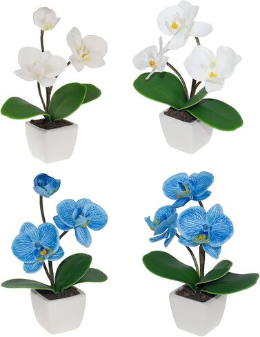 Mini Artificial Silk Orchid Potted Flowers - 4pcs Real Touch Fake Small Plants in Ceramic Vase for Home Office Bathroom Living Room,Tiny Faux Table Shelf Decor Indoor in Kuwait