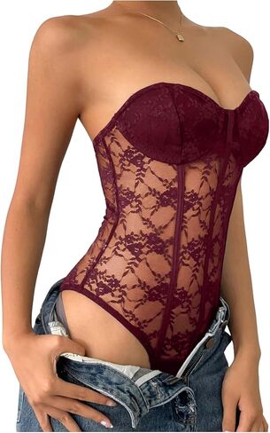 SHENHE Women's Floral Lace Mesh Bodysuit Sexy Sheer Tube Top Strapless Corset Rave Party Club in Saudi Arabia