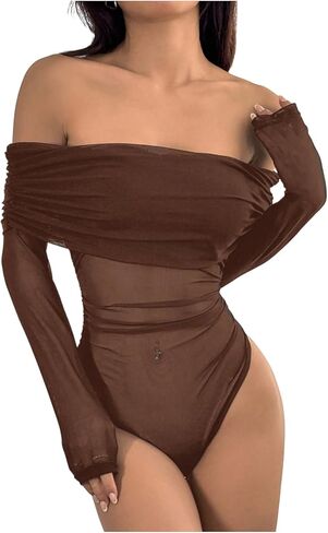 OYOANGLE Women's Off Shoulder Long Sleeve Sheer Bodysuits Ruched Going Out Bodysuit Tops in Saudi Arabia