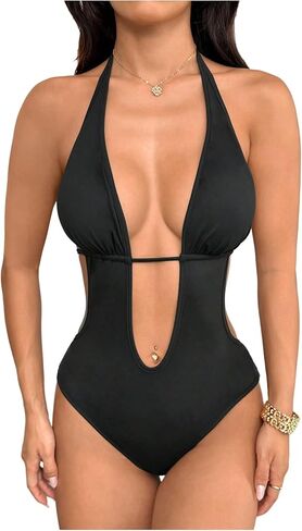 GORGLITTER Women's Deep V Neck Halter Bodysuit Cut Out Tie Backless Sleeveless Party Leotard Tops in Saudi Arabia
