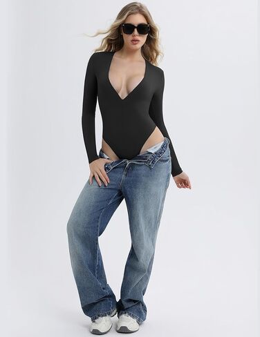 Women's Deep V Neck Long Sleeve Bodysuit Shirts Slim Fit Going Out Tops Double Lined Basic Tee in Saudi Arabia