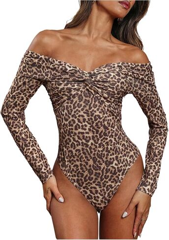MakeMeChic Women's Cheetah Print Off The Shoulder Bodysuit Twist Front Long Sleeve Going Out Tops in Saudi Arabia