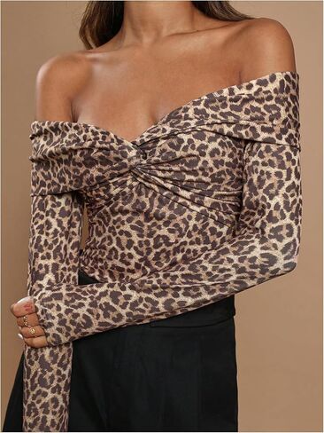 MakeMeChic Women's Cheetah Print Off The Shoulder Bodysuit Twist Front Long Sleeve Going Out Tops in Saudi Arabia