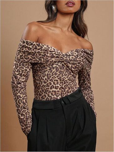 MakeMeChic Women's Cheetah Print Off The Shoulder Bodysuit Twist Front Long Sleeve Going Out Tops in Saudi Arabia