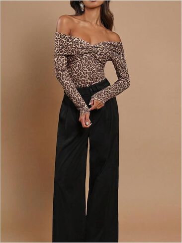 MakeMeChic Women's Cheetah Print Off The Shoulder Bodysuit Twist Front Long Sleeve Going Out Tops in Saudi Arabia