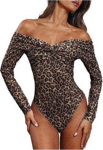 MakeMeChic Women's Cheetah Print Off The Shoulder Bodysuit Twist Front Long Sleeve Going Out Tops in Saudi Arabia