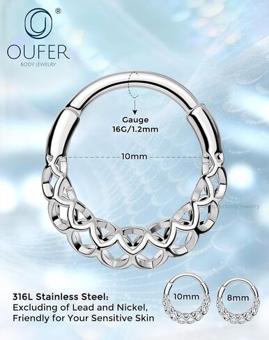 OUFER 16G حلقات حاجز حورية البحر، مجوهرات حاجز فولاذي جراحي 316L، أقراط Daith ذات مقياس فضي للنساء والرجال، مجوهرات ثقب الحلزون المجوفة - 8/10 مم in Kuwait