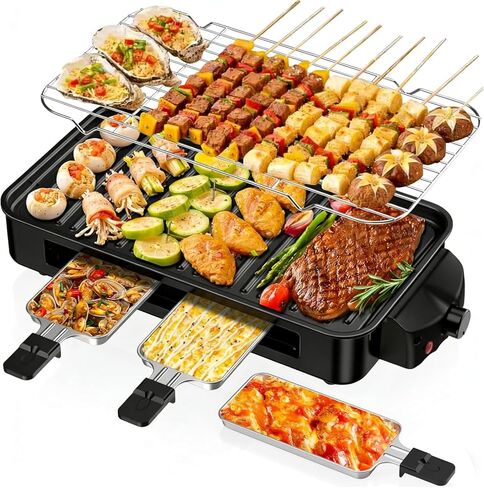 Electric Indoor Grill,2 in 1 Smokeless Grill Indoor,NAUQUOHZ Portable Korean BBQ Grill, Non-stick Removable Grill & Griddle Plate with 3 Raclette Cheese Pans Adjustable Temperature Control 1500W in Kuwait