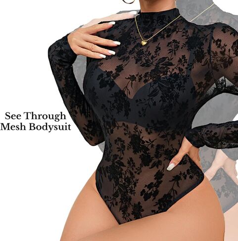 BIGFOX Women's See Through Bodysuit, Black Long Sleeve Lace Floral Mesh Leotard Shapewear Jumpsuit for Going Out, Club, Rave in Saudi Arabia