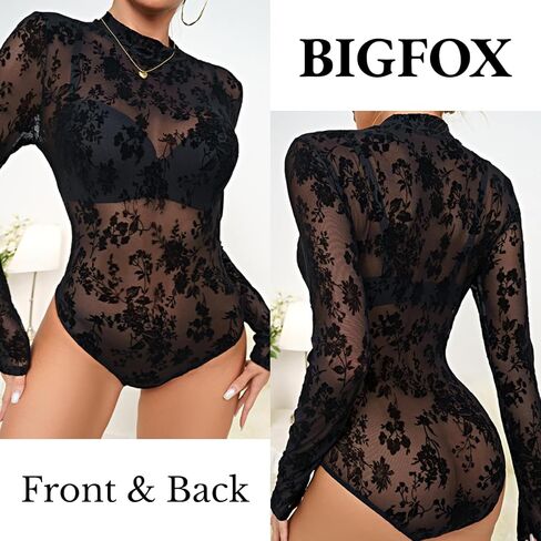 BIGFOX Women's See Through Bodysuit, Black Long Sleeve Lace Floral Mesh Leotard Shapewear Jumpsuit for Going Out, Club, Rave in Saudi Arabia