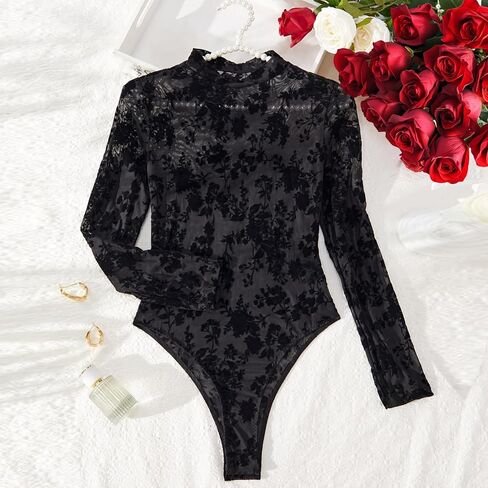 BIGFOX Women's See Through Bodysuit, Black Long Sleeve Lace Floral Mesh Leotard Shapewear Jumpsuit for Going Out, Club, Rave in Saudi Arabia