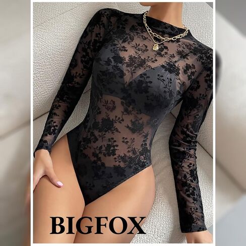 BIGFOX Women's See Through Bodysuit, Black Long Sleeve Lace Floral Mesh Leotard Shapewear Jumpsuit for Going Out, Club, Rave in Saudi Arabia